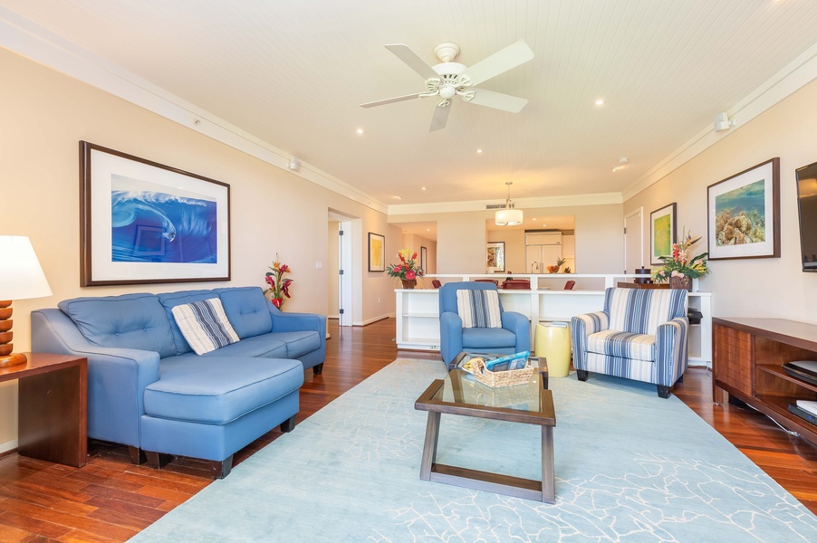 Tranquil living areas create the perfect option for relaxing after a day of island adventures
