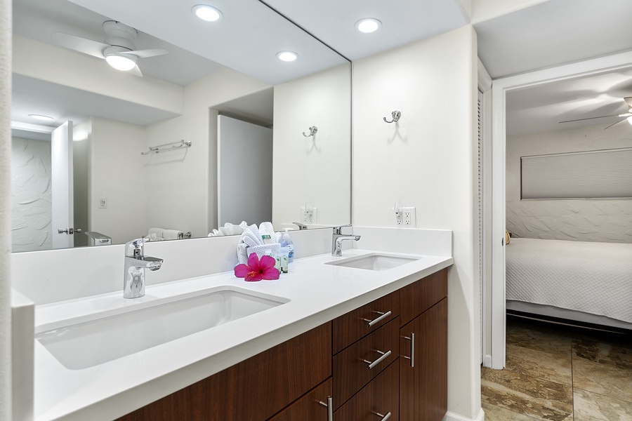 Renovated bathroom with dual vanities!