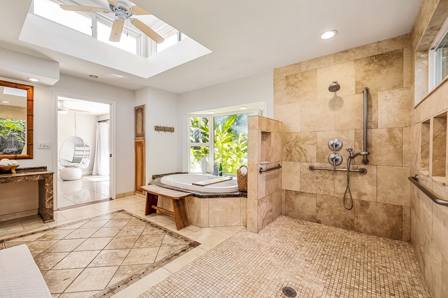 Enjoy the open walk-in shower or take a relaxing soak in the tub