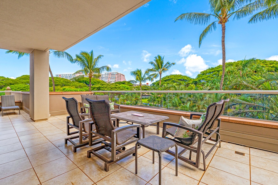 Enjoy outdoor meals or afternoon lounging on Honua Kai Konea 230/232’s spacious lanai