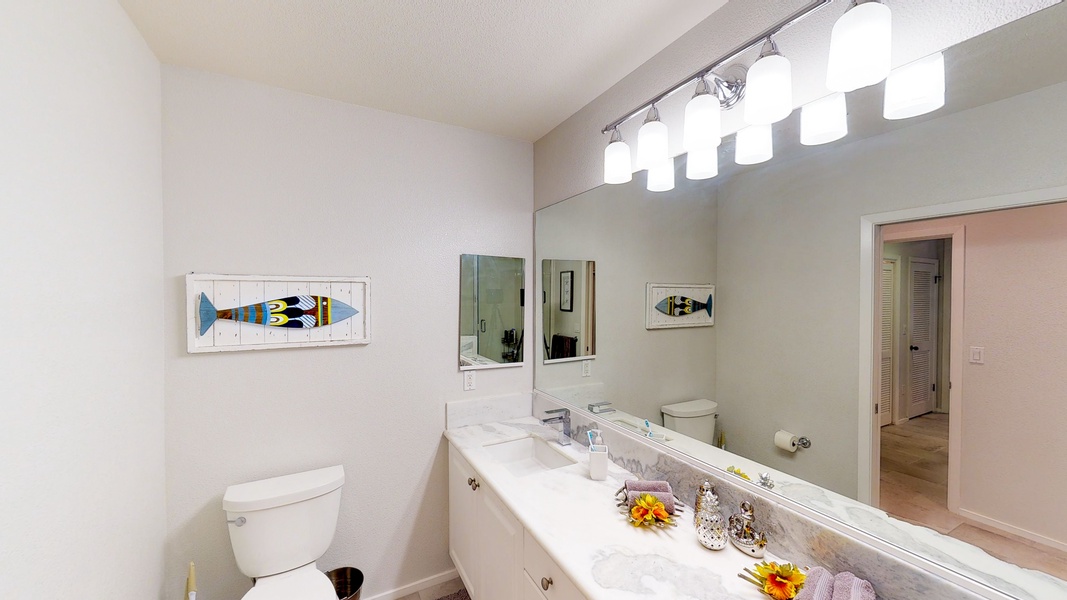 The primary guest bathroom with a long vanity and ample lighting.