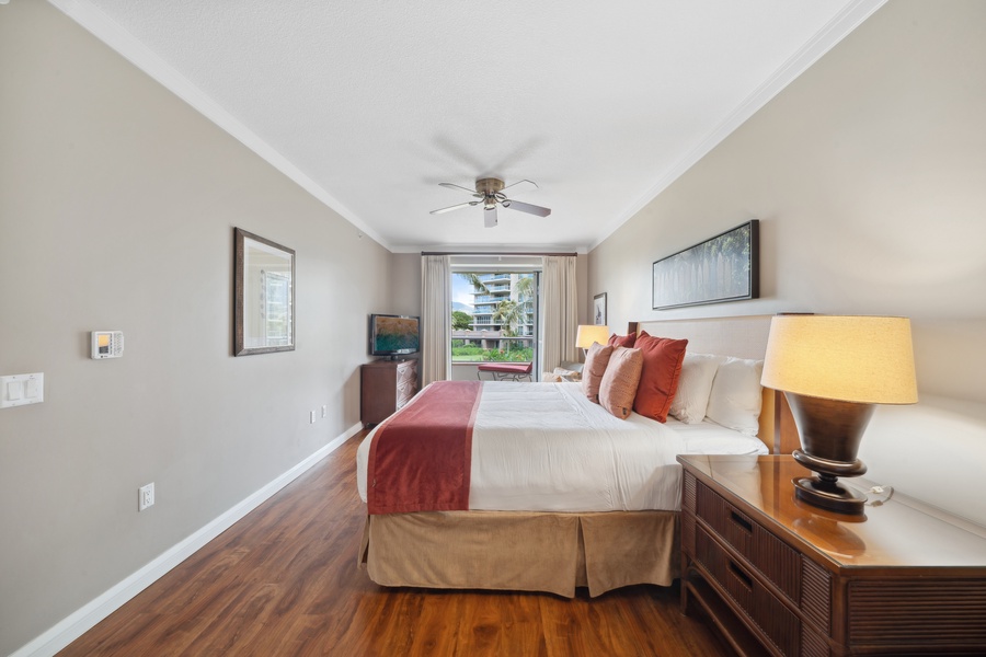 Unwind in coastal comfort at Honua Kai Konea 204—this stylish bedroom invites peace after every Maui adventure.