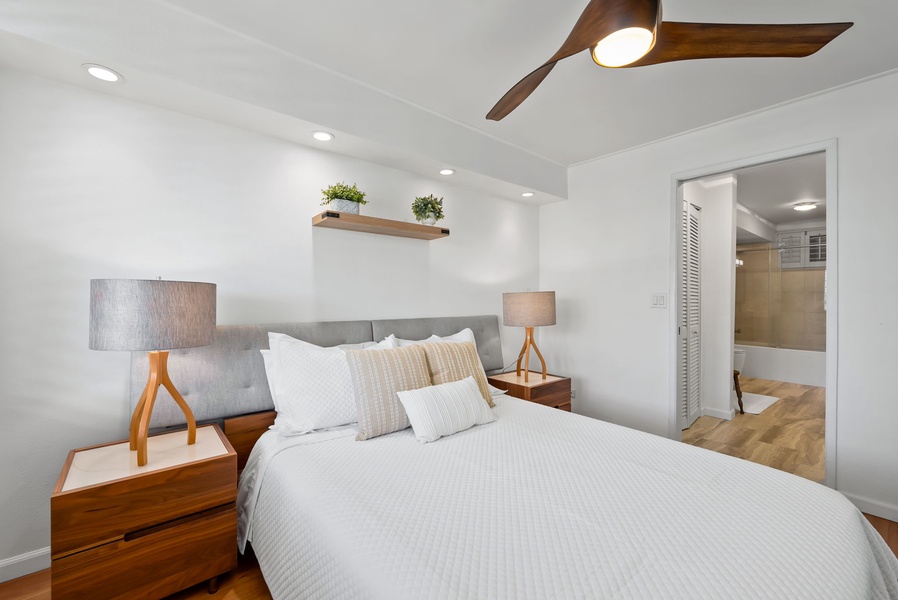 Soothing neutral tones, wood accents, and curated coastal details create a restful haven for couples or solo travelers.