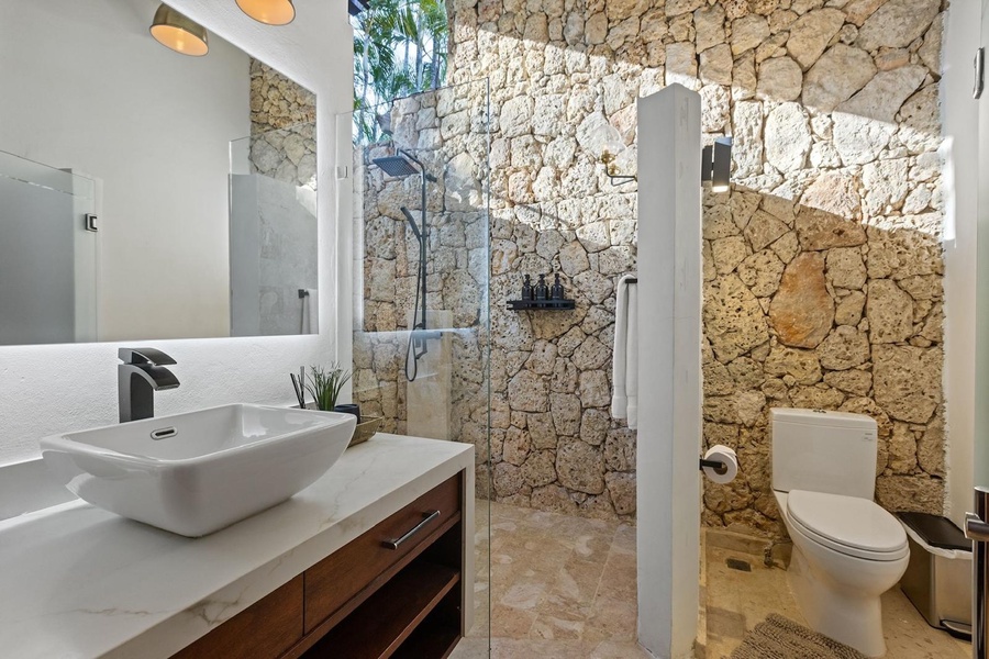 Ensuite bathroom featuring rustic stone walls, a spacious walk-in shower, and a sleek modern vanity.