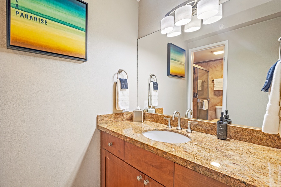 The bathroom offers a stylish granite vanity and bright lighting, creating a clean and modern look.