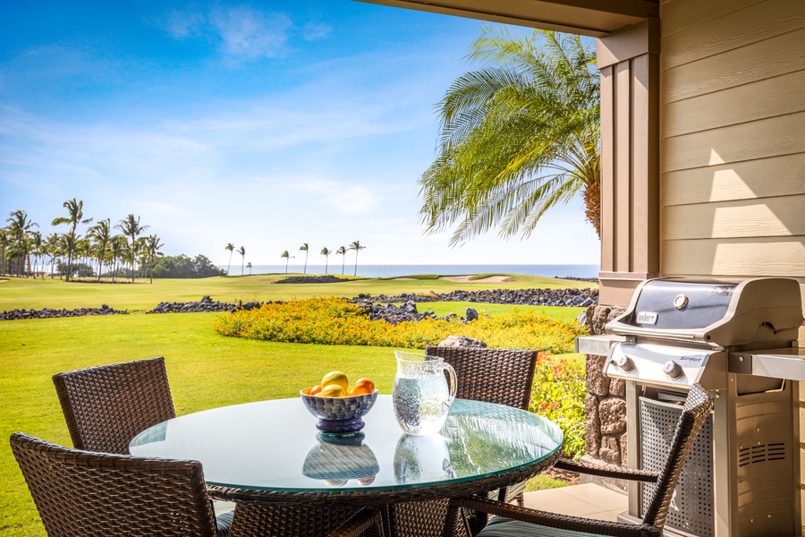 Ocean and rolling golf course views from your outdoor dining area equipped with a BBQ grill.