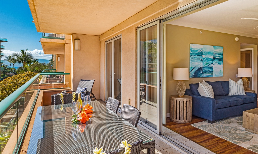 Indoor-outdoor living at Honua Kai Konea 206 with a breezy lanai and dining area.