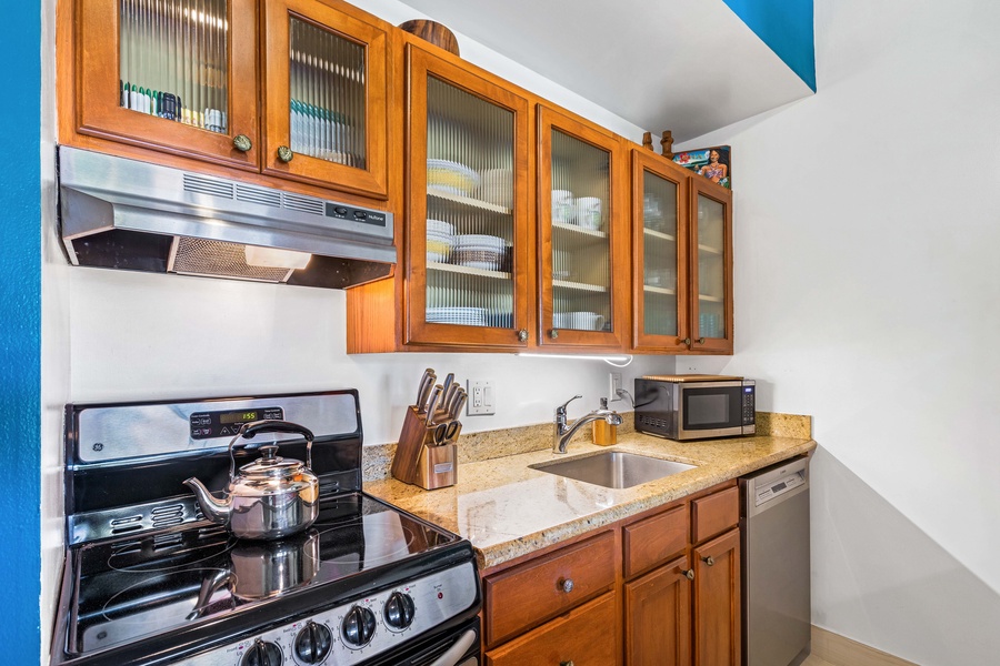 Cook in style at Napili Shores F-252 with brand new stainless appliances and sleek storage.