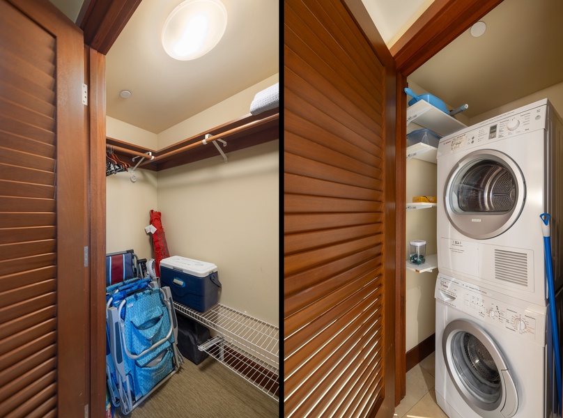 An in-unit washer and dryer for convenience and extra storage room adjacent to it.
