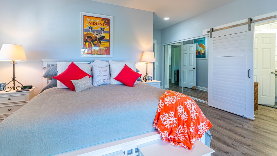 The primary guest bedroom is spacious and peaceful.