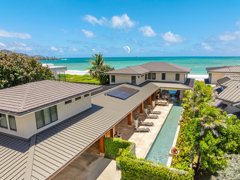 Aerial shot of the pool, courtyard and beachfront location