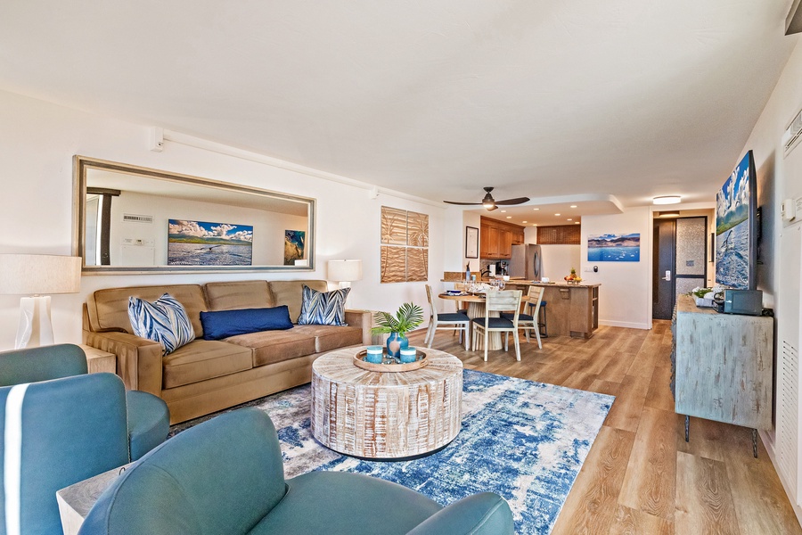 Relax in the spacious living area at Mahana 1118 after a day of island adventures.