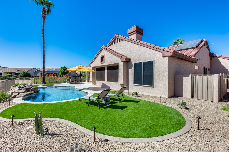 A humble abode of 3 bedroom and 2.5 bath home sits alongside the private Desert Springs Golf Course in a beautifully manicured neighborhood in the charming town of Surprise, AZ.