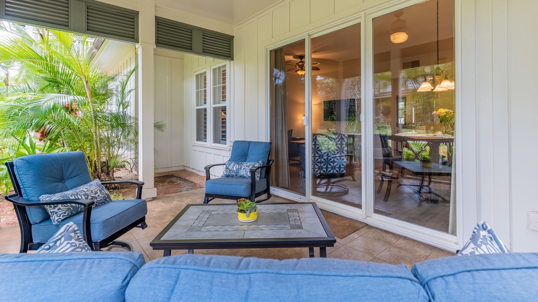 Comfortable seating on the lanai for indoor / outdoor living.