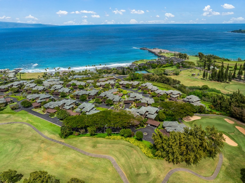 An aerial view of Kapalua Ridge Villas Resort, with the beautiful coastline stretching into the distance.