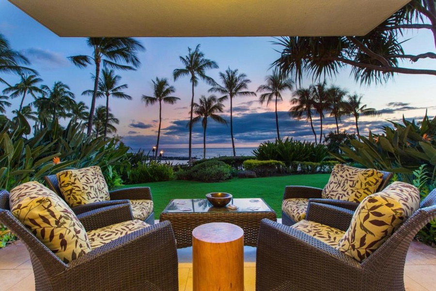 End your day on the beachfront private lanai for the perfect sunsets.