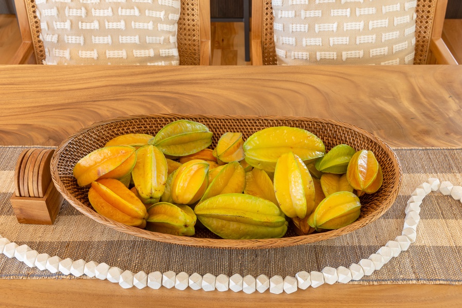 Bowl of fresh starfruit adding a tropical touch to the decor.