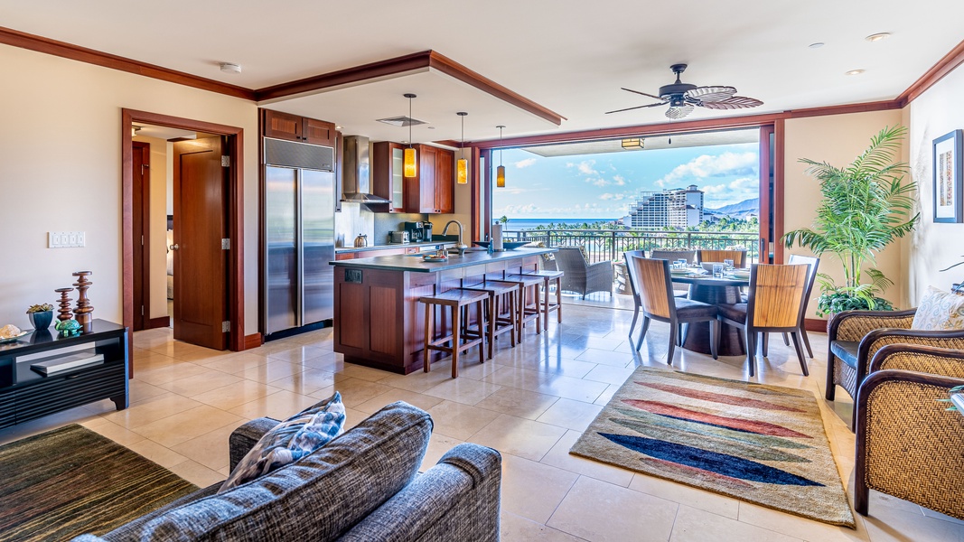 The open floor plan and fully equipped kitchen is a host's dream.