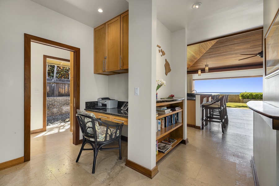 Dedicated work station with built-in desk and convenient location between common areas.