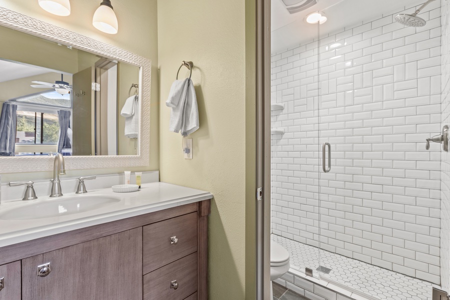Common bathroom with a wide vanity space and a walk-in shower in a glass enclosure.