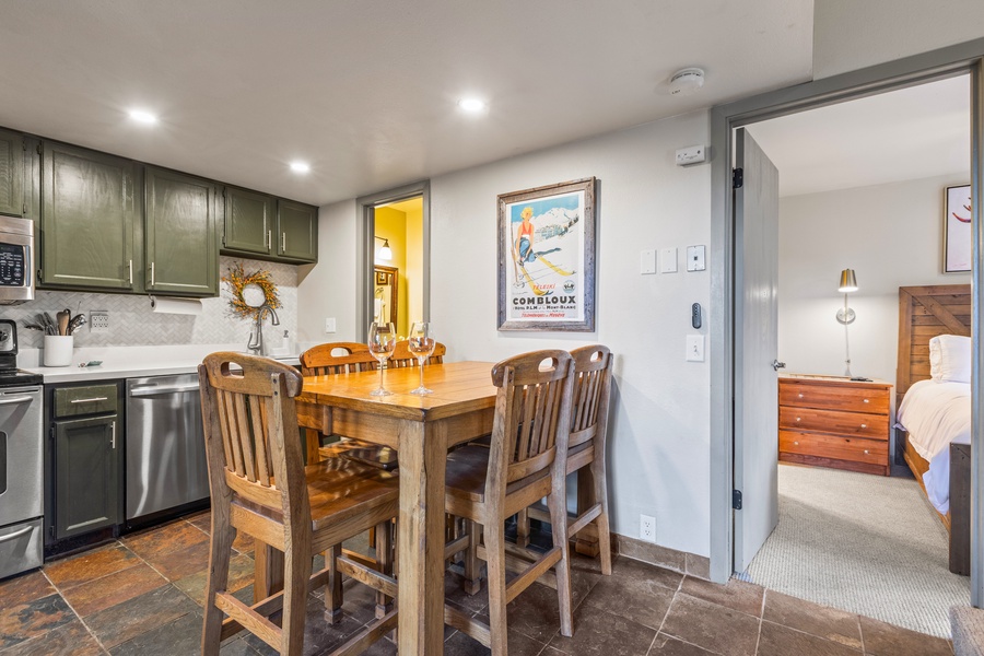 Dine in comfort at the six-seater table, perfect for hearty meals and lively conversation with a leaf found underneath the table to extend it.