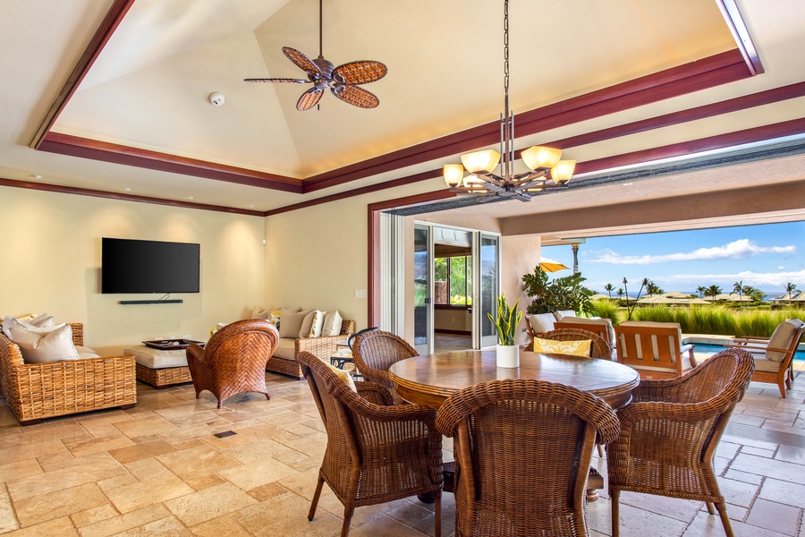 Share island-inspired meals surrounded by warm natural light and tropical greenery.