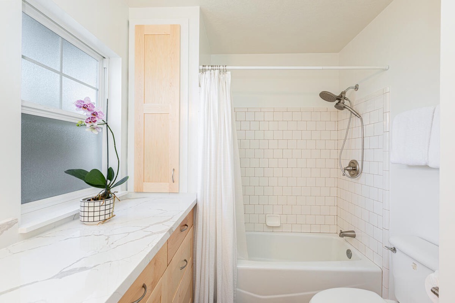 Bright bathroom with a single sink, tub, and ample counter space.