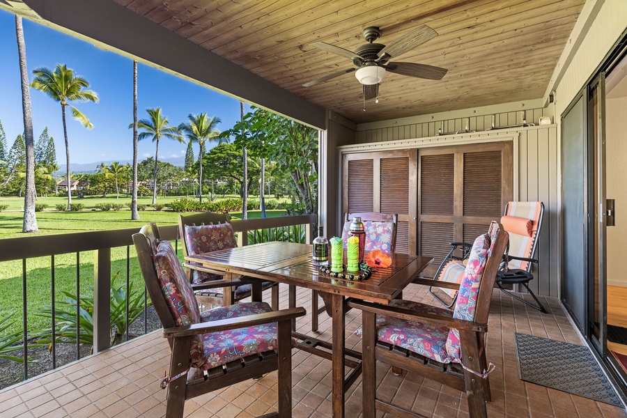 Sip your drink of choice on this charming lanai with golf course views and gentle trade winds cooling your private retreat.