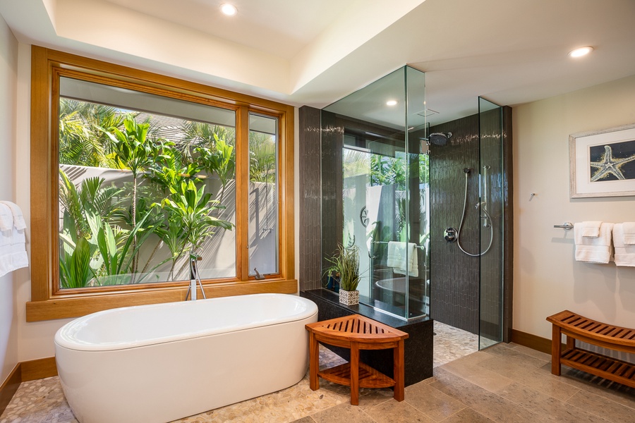 Soaking tub and rain shower