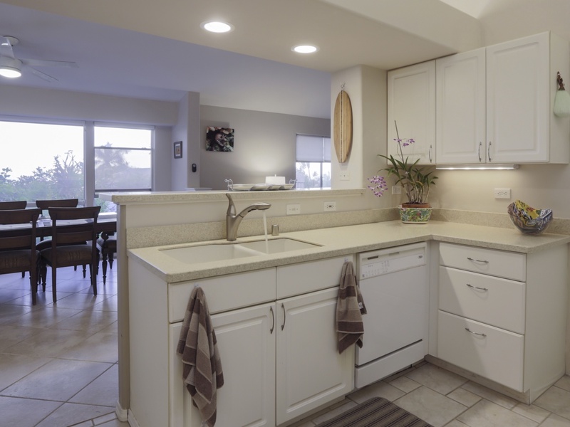 Wide countertops with white cabinetry.
