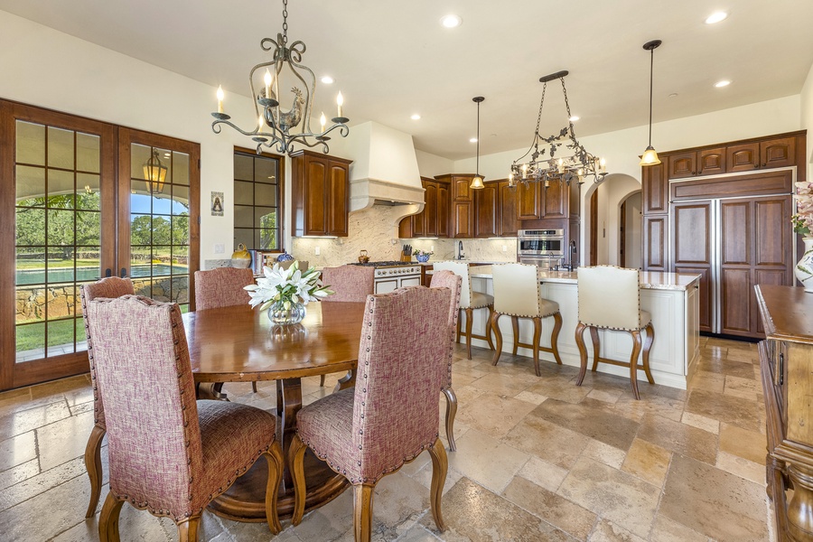 Guests can sit at the breakfast bar, dine in the breakfast nook, or opt for a more formal dining experience in the elegant dining room