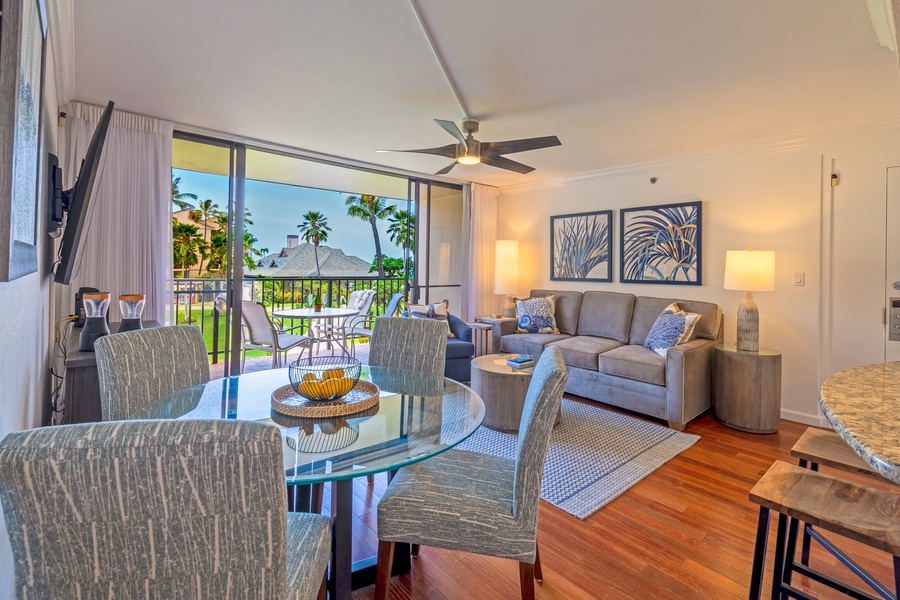 Open living and dining space at Kaanapali Shores 213 with breezy lanai access.