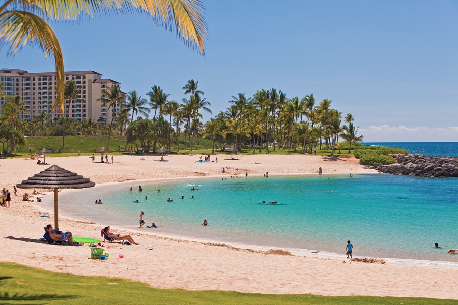 Walk to Ko Olina’s famous lagoon beaches for calm, clear waters ideal for swimming, sunbathing, and sunset strolls.