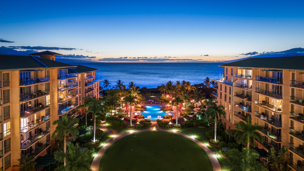 Breathtaking sunset views over the resort and ocean at Honua Kai Hokulani 825.