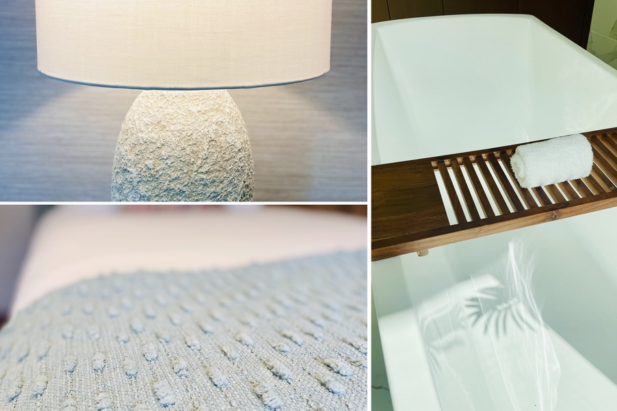 Retreat to luxury: elegant lighting, designer textures, and a tropical spa bath experience.