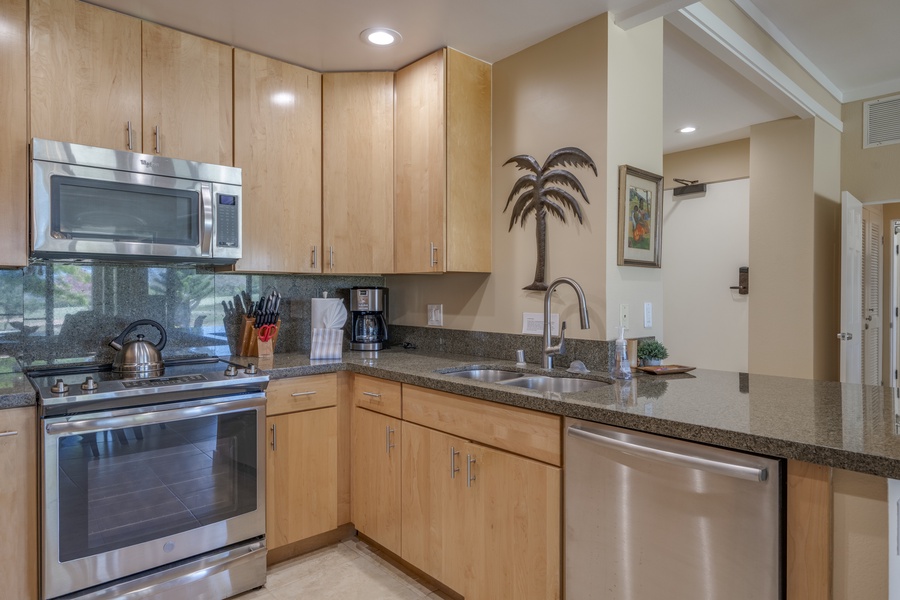 Enjoy modern conveniences in the full kitchen, complete with granite countertops and stainless steel appliances.