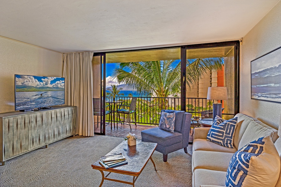 Oceanview comfort at Kaanapali Shores 544—relax in this Maui vacation rental's living room.