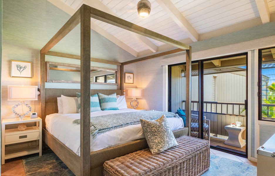 Cozy bedroom with a stylish four-poster bed and soft natural tones.