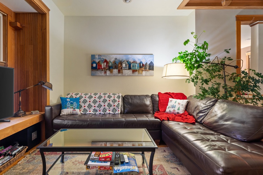 Comfortable living space with holiday accents, ideal for gathering with loved ones.