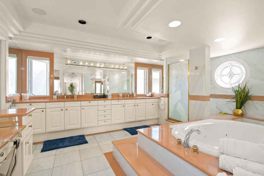 Dual sinks with spacious vanity spaces.