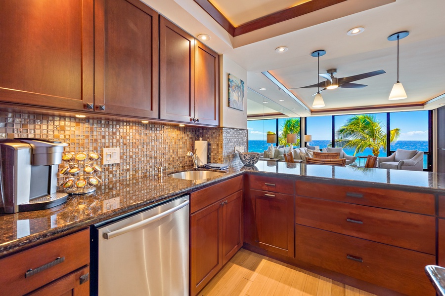 Kitchen with ocean views and modern finishes.