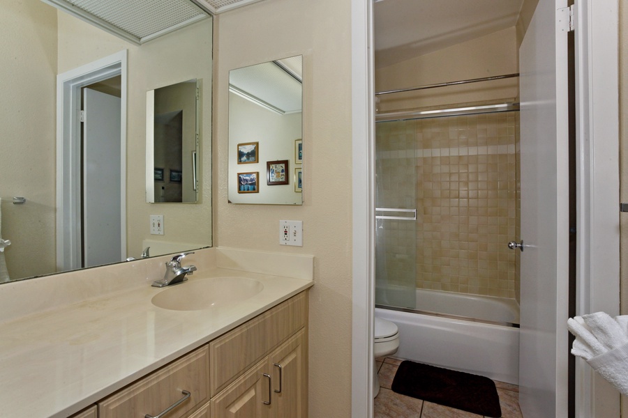 The primary guest bathroom has a shower and tub combination.