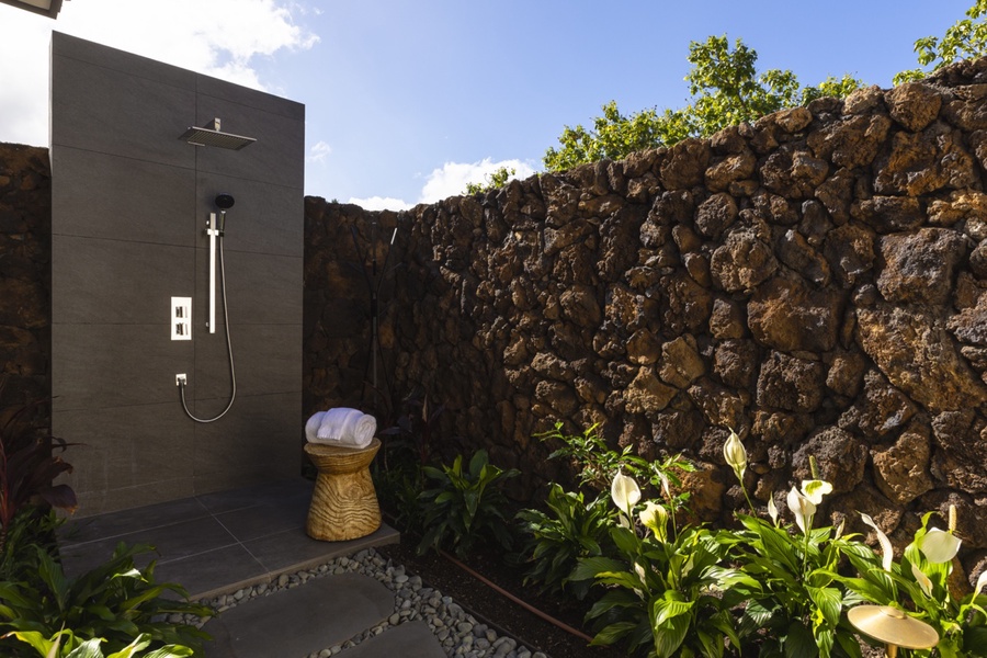 Private outdoor shower off the primary ensuite.