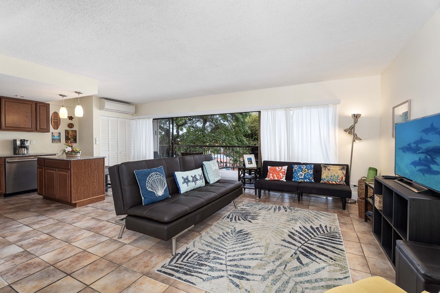 Enjoy the comfort of a futon sofa while taking in the scenic view through wide windows.