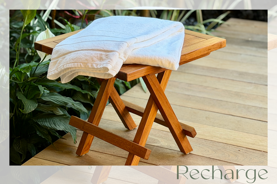 Fresh towels and Hawaiian air await - your perfect spot to unwind and recharge in a serene, nature-inspired setting.