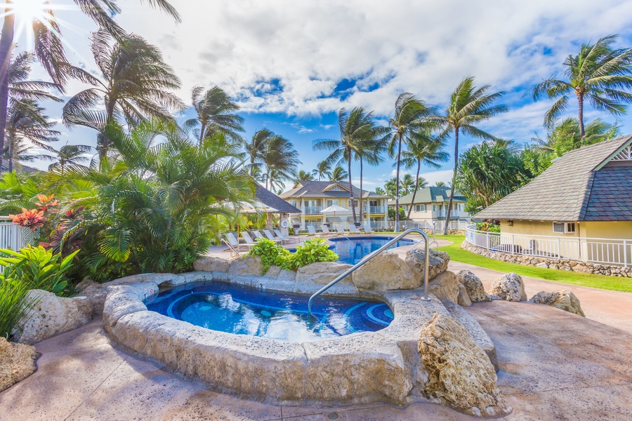 Relax in the hot tub in the center of the palm fringed Fairways at Ko Olina.