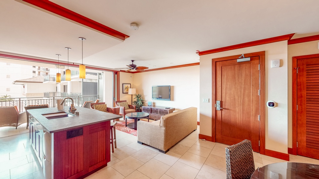 Ko Olina Beach Villas O401 has open floor plan with generous space, offering seamless indoor-outdoor living.