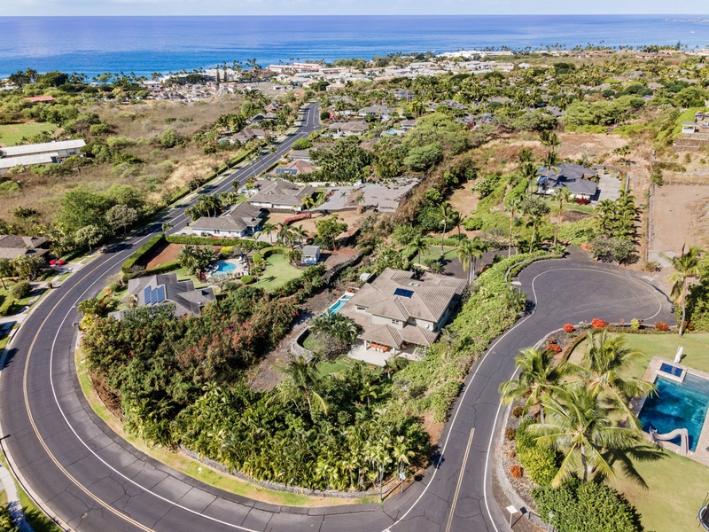 Aerial glimpse of the quiet, upscale neighborhood with breathtaking coastal proximity