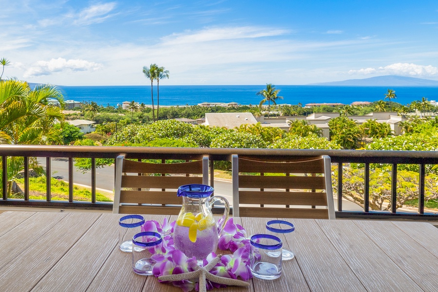 Enjoy ocean views and fresh air from the lanai dining area at Wailea Ekolu 1106.