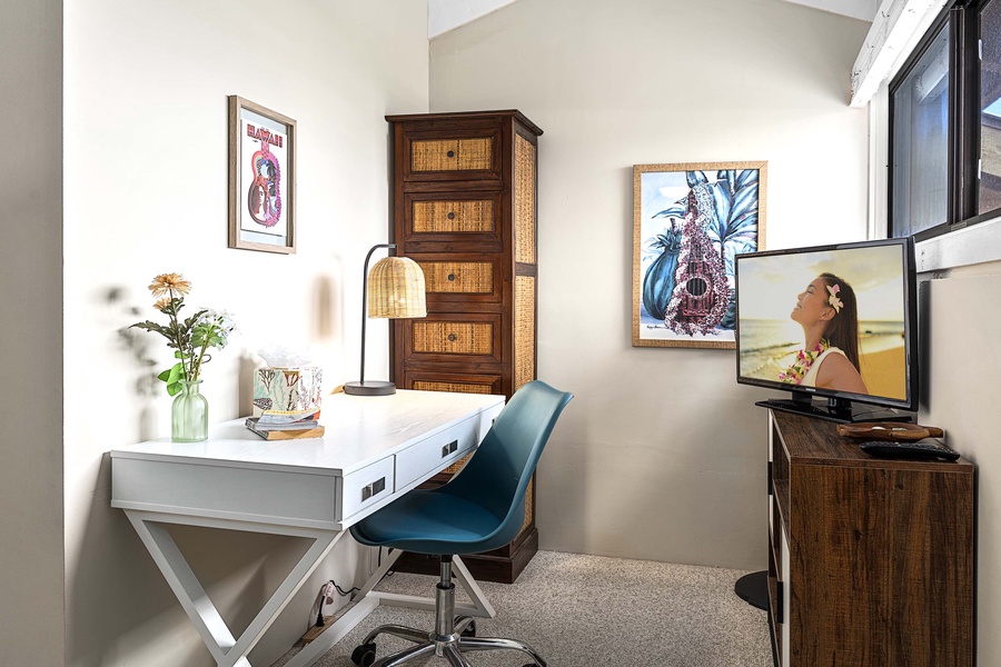 The secondary bedroom has a home office for convenient work from home arrangements